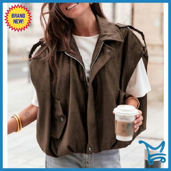 Faux Suede Cropped Bomber Vest, Oversized Fit, Lapel Collar, Zip Closure - Picture 5 of 8